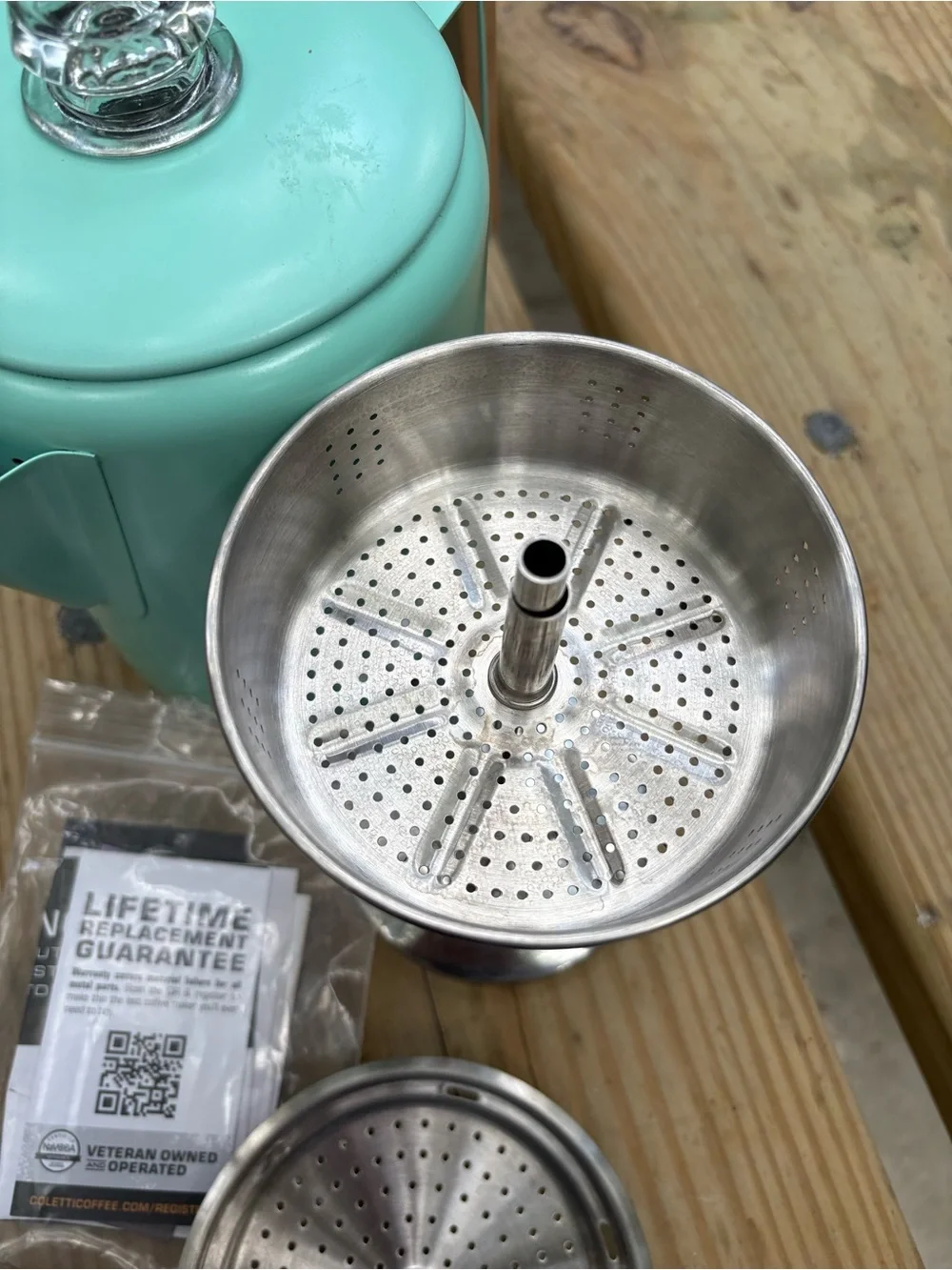 COLETTI Bozeman Camping Coffee Percolator in a seafoam green new